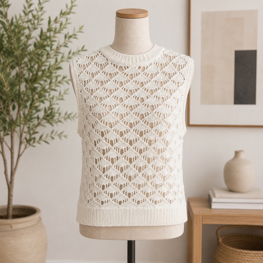 English Factory Sweater Vest Womens L Cream Knit Boho Open Crochet Layering Top‎